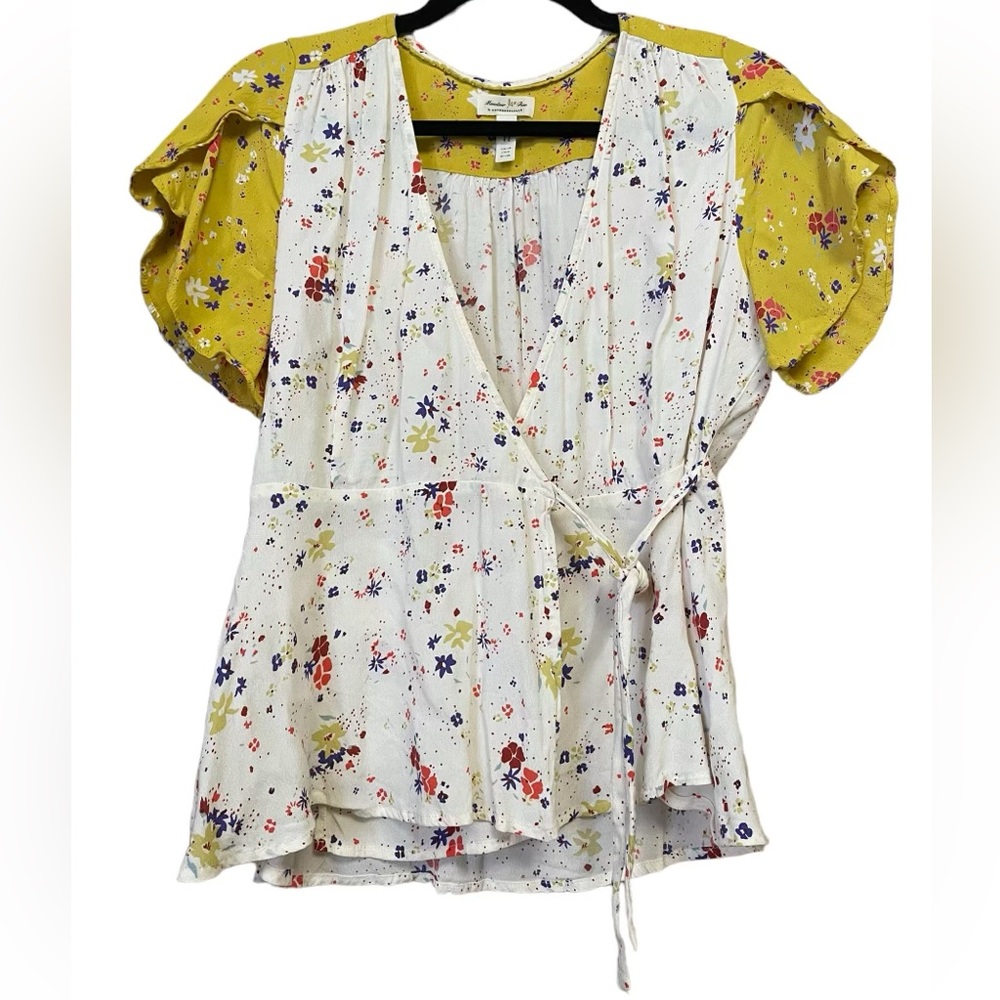 Meadow Rue By Anthropologie Bon Voyage Floral Wrap Blouse Top V-neck Womens 6